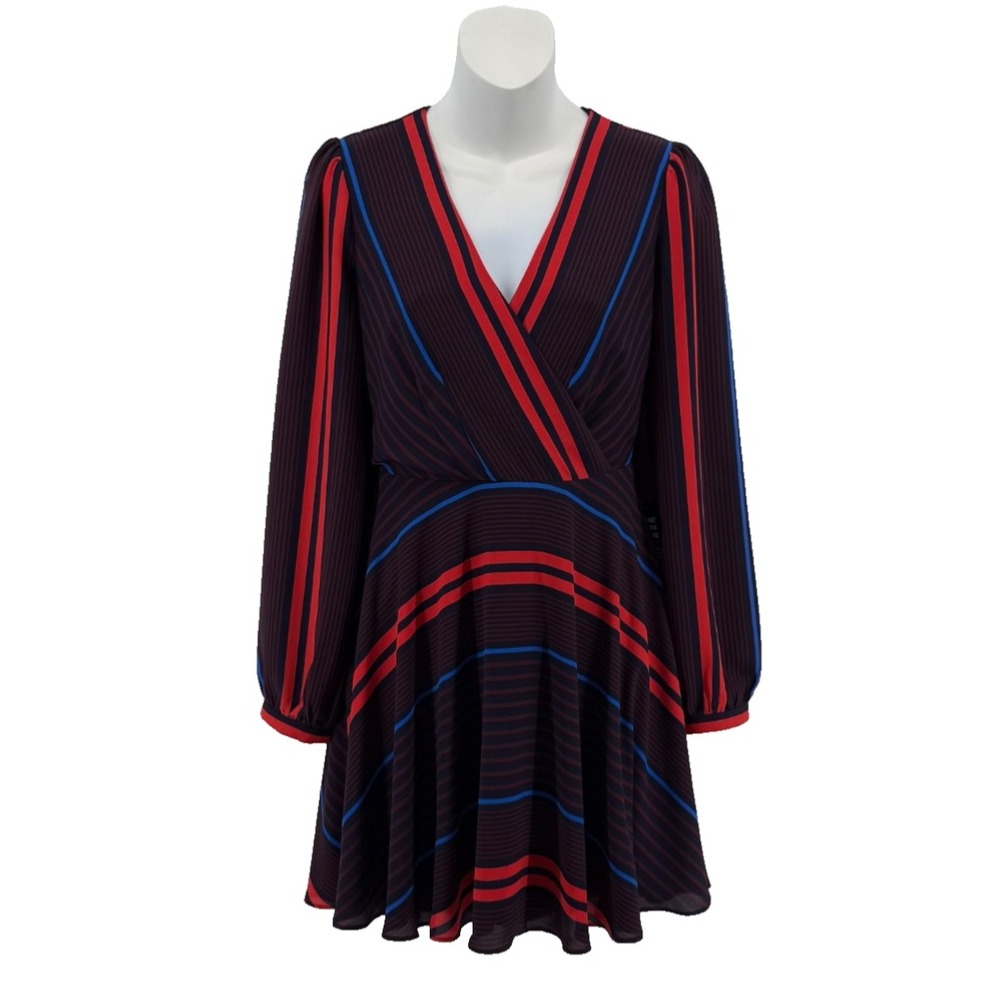 Express Striped Fit Flare Dress XS Long Sleeve Surplice Mini NWT